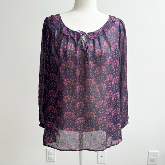 LOFT | Purple/Multicolor Floral Ruffle Collar Long Sleeve Semi-Sheer Blouse NWT - Picture 1 of 12